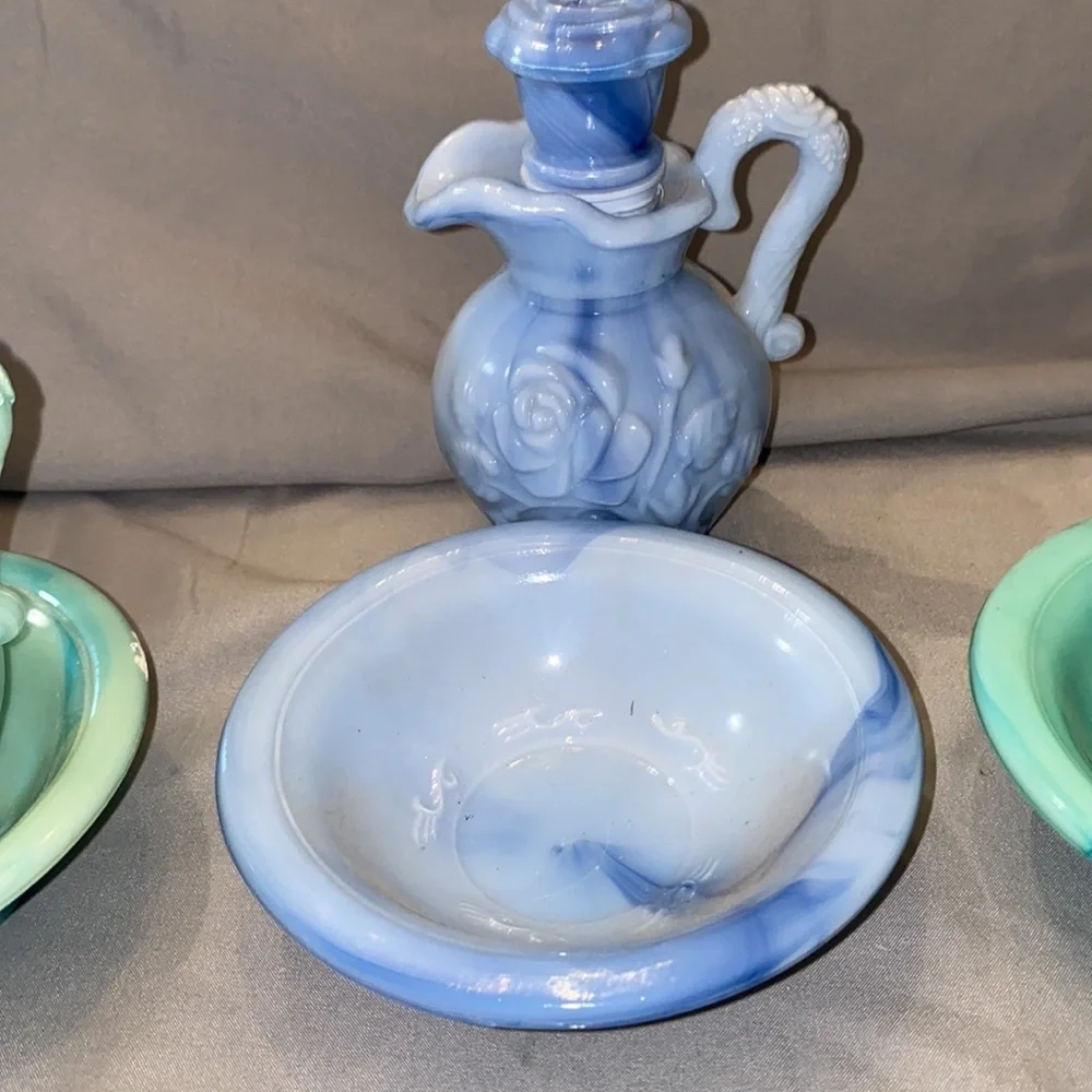 Bx47 Vintage 3 1970s Avon Bowl and Pitcher Moonwind Foaming Bath Oil Bottle